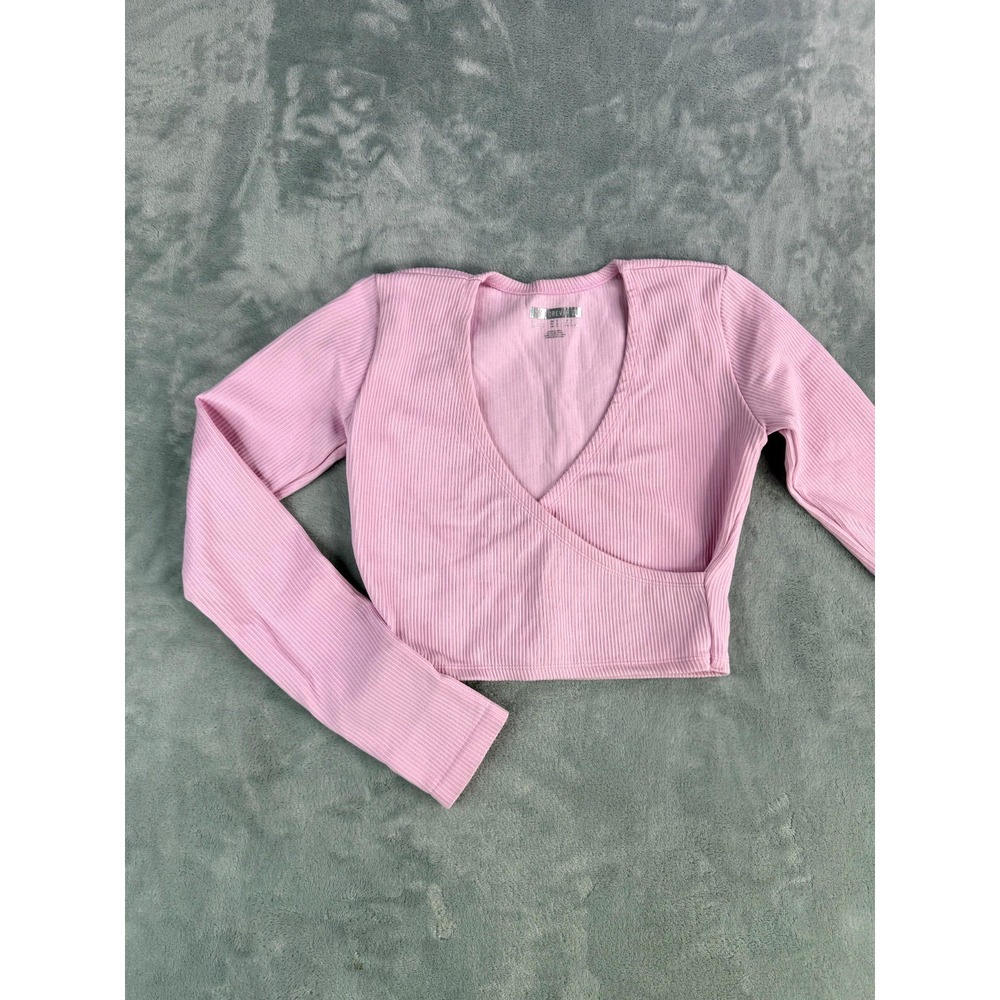 Forever 21 Ribbed Knit Cropped Top Womens Small Pink Wrap Surplice Neck Long Slv